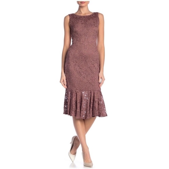 NWOT MARINA Mauve Glitter Lace Flounce Midi Dress - Picture 2 of 9